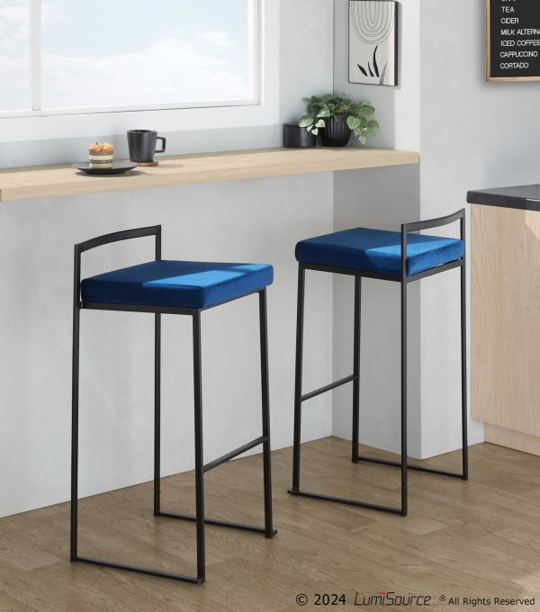 Fuji Black Metal Blue Velvet Contemporary Stackable Barstools Set of 2