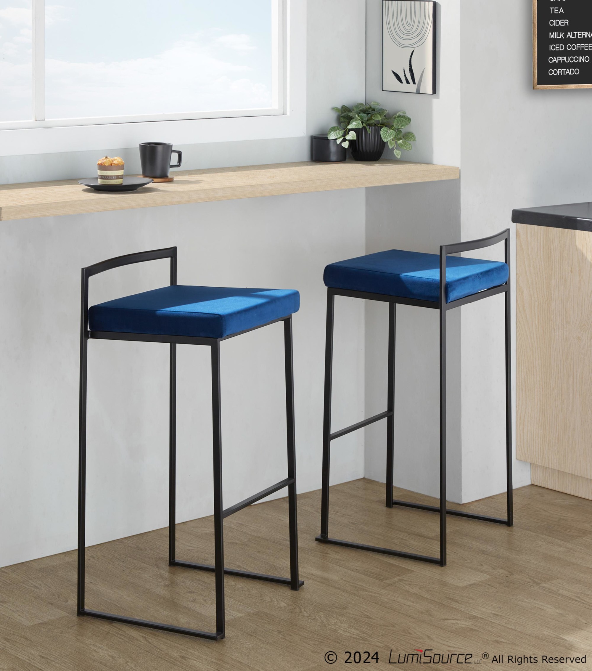 Fuji Black Metal Blue Velvet Contemporary Stackable Barstools (Set of 2) 1 Fuji Black Metal Blue Velvet Contemporary Stackable Barstools (Set of 2)
