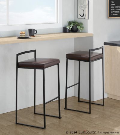 Fuji Black Metal Brown Faux Leather Contemporary Barstools (Set of 2)