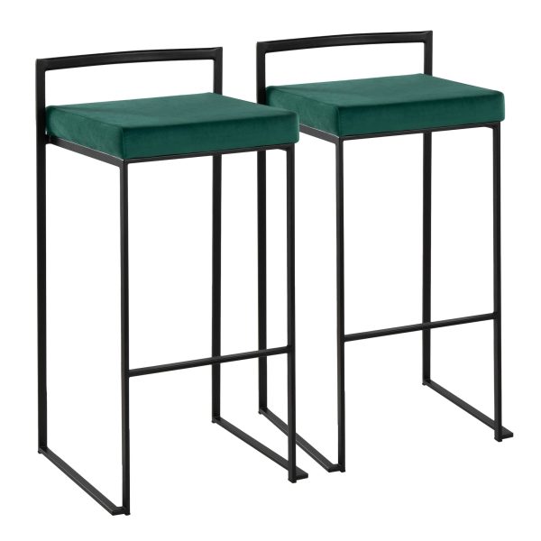 Fuji Black Metal Green Velvet Contemporary Stackable Barstools Set of 2 1