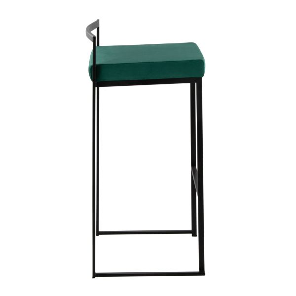 Fuji Black Metal Green Velvet Contemporary Stackable Barstools Set of 2 3