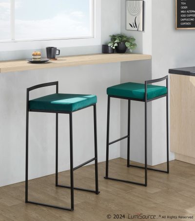 Fuji Black Metal Green Velvet Contemporary Stackable Barstools (Set of 2)