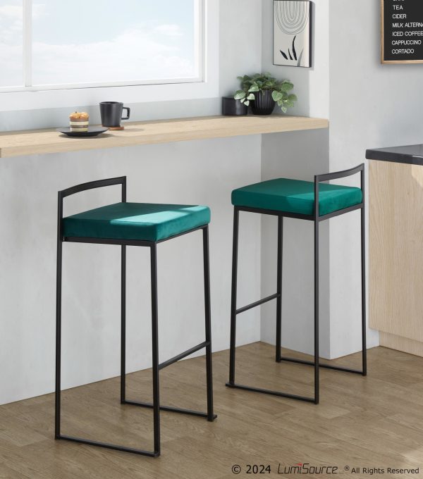 Fuji Black Metal Green Velvet Contemporary Stackable Barstools Set of 2