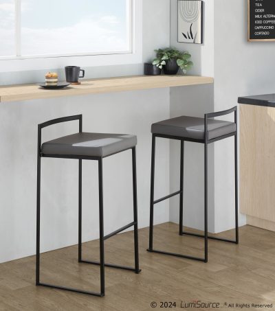 Fuji Black Metal Grey Faux Leather Contemporary Barstools (Set of 2)