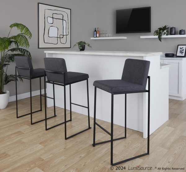 Fuji Black Steel Charcoal Fabric Contemporary Barstool 30 Set of 3