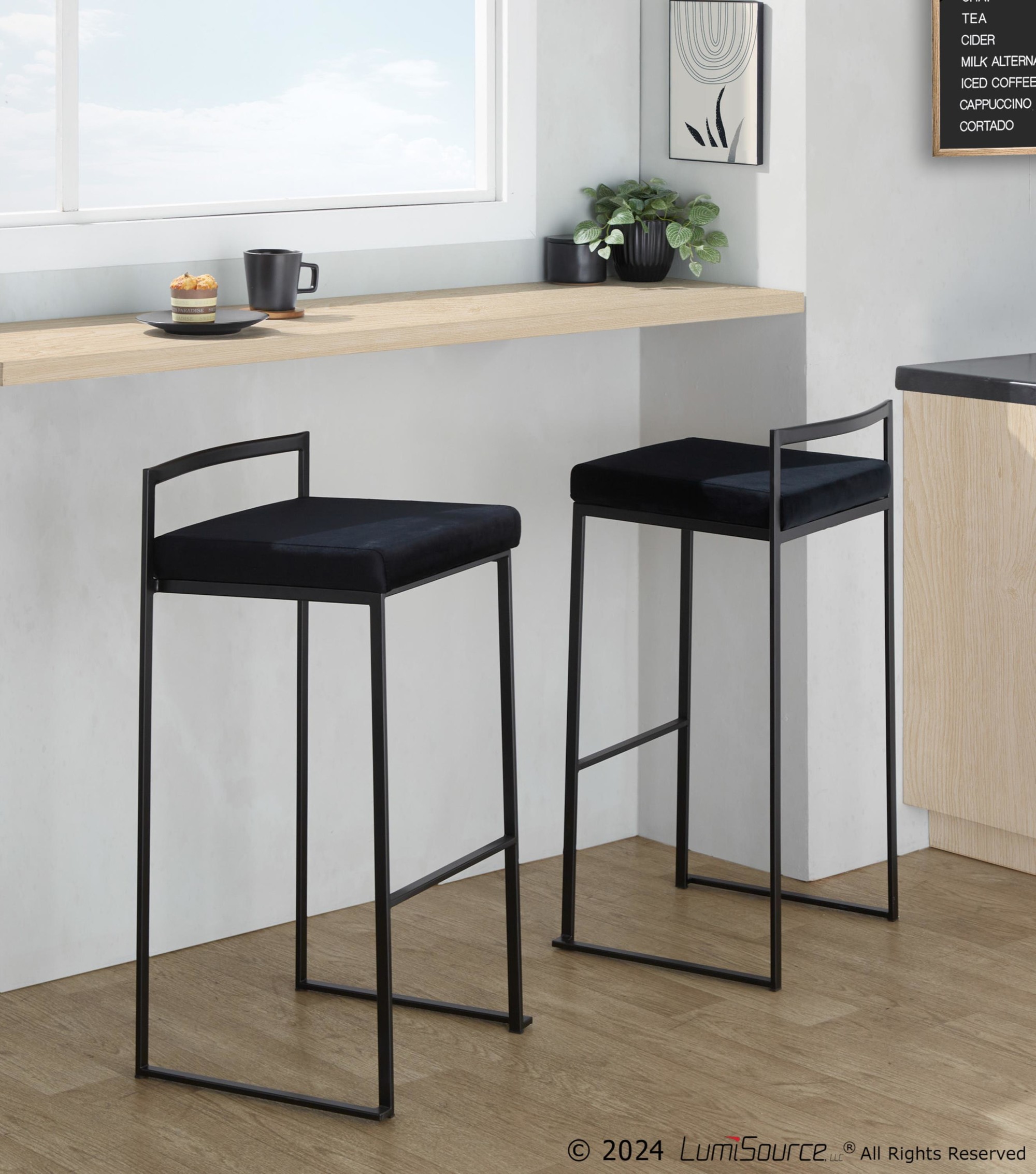 Fuji Black Velvet Contemporary Stackable Bar Stools 30-Inch (Set of 2) 1 Fuji Black Velvet Contemporary Stackable Bar Stools 30-Inch (Set of 2)