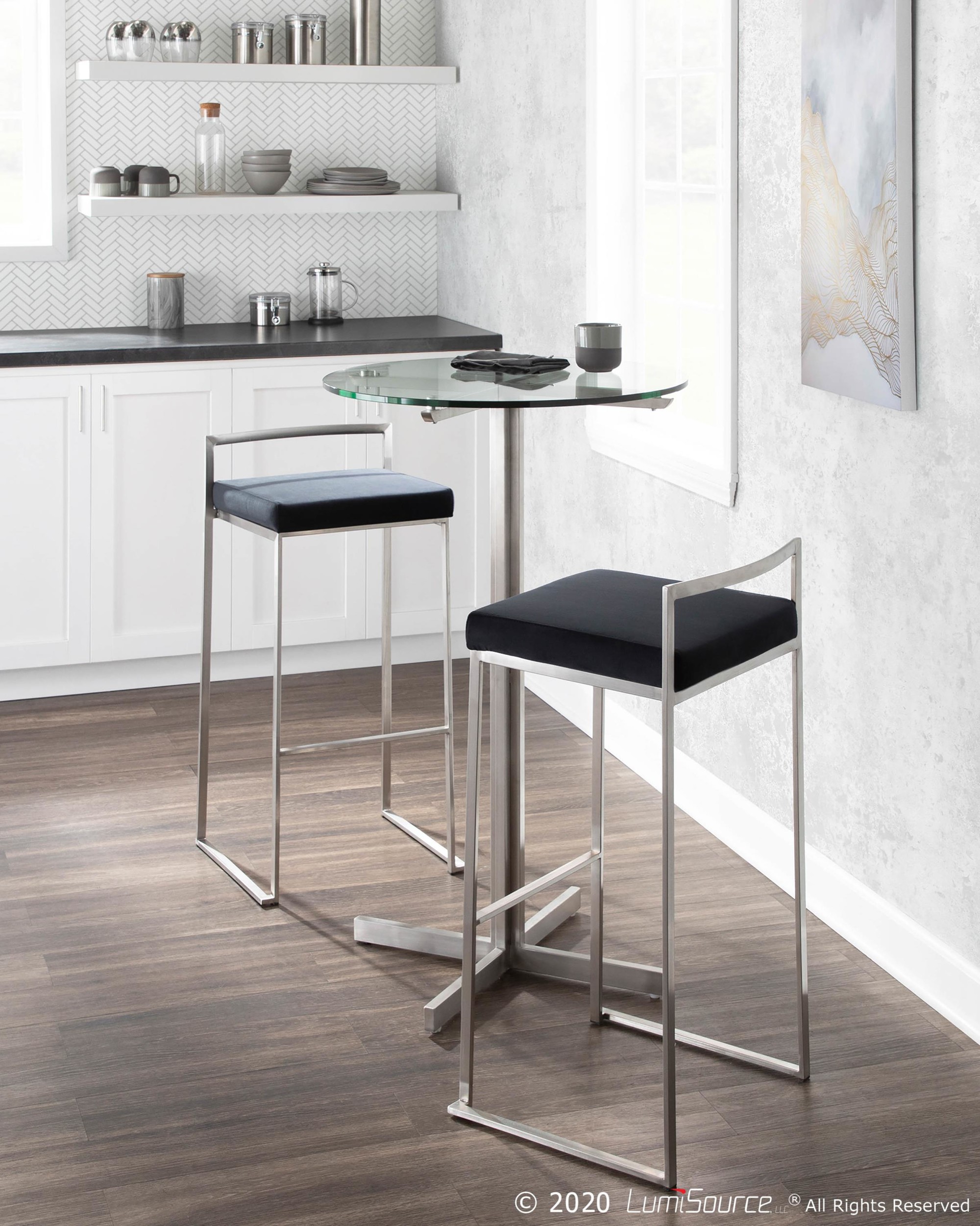 Fuji Black Velvet Contemporary Stainless Steel Stackable Barstool (Set of 2) 2 Fuji Black Velvet Contemporary Stainless Steel Stackable Barstool (Set of 2) - Image 2