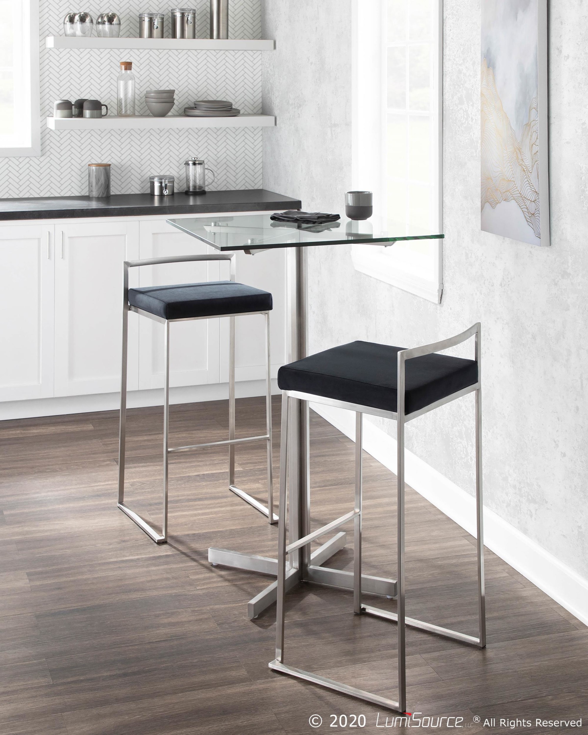 Fuji Black Velvet Contemporary Stainless Steel Stackable Barstool (Set of 2) 3 Fuji Black Velvet Contemporary Stainless Steel Stackable Barstool (Set of 2) - Image 3