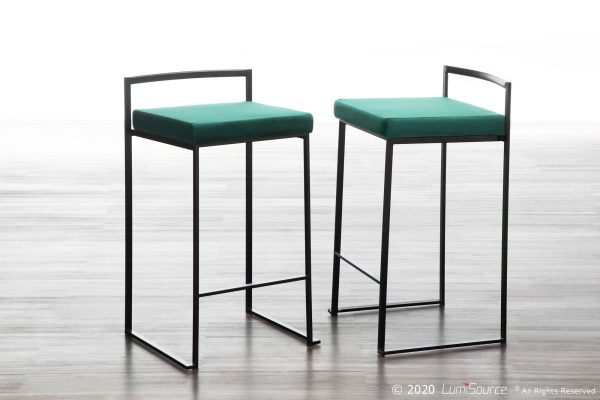 Fuji Black and Green Velvet Contemporary Counter Stools Set of 2
