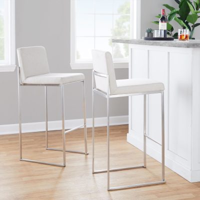 Fuji Contemporary Beige Fabric Stainless Steel High Back Bar Stools (Set of 2)