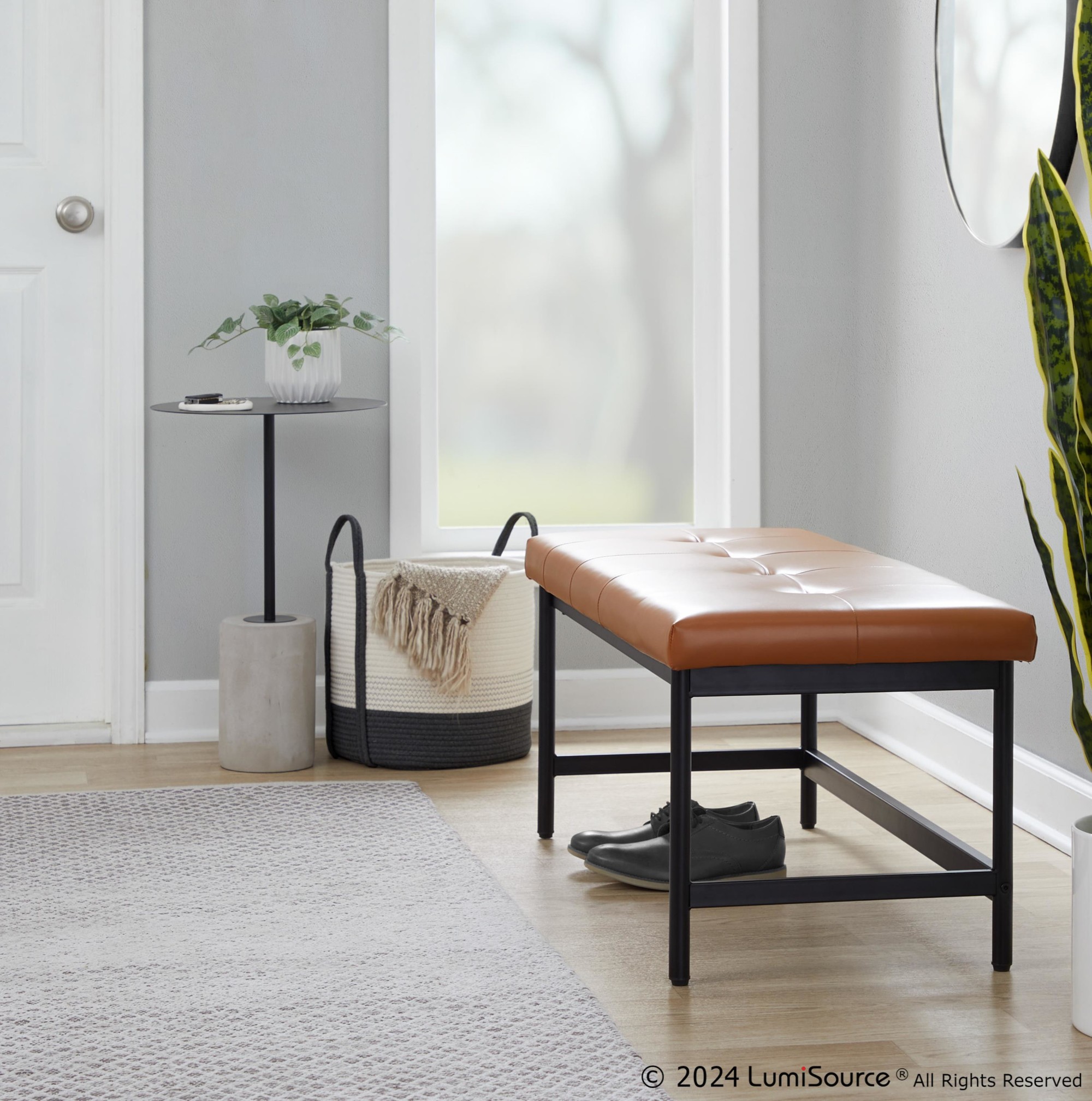 Fuji Contemporary Black Metal and Camel Faux Leather Bench 2 Fuji Contemporary Black Metal and Camel Faux Leather Bench - Image 2