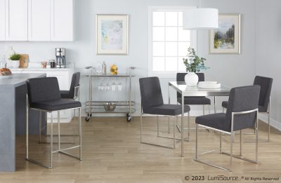 Fuji Contemporary Charcoal Fabric Stainless Steel High Back Counter Stools (Set of 2)