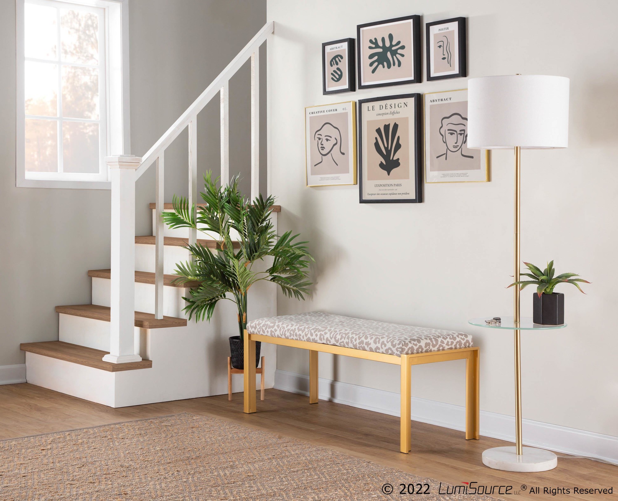 Fuji Contemporary Gold Metal Grey Leopard Fabric Bench 2 Fuji Contemporary Gold Metal Grey Leopard Fabric Bench - Image 2