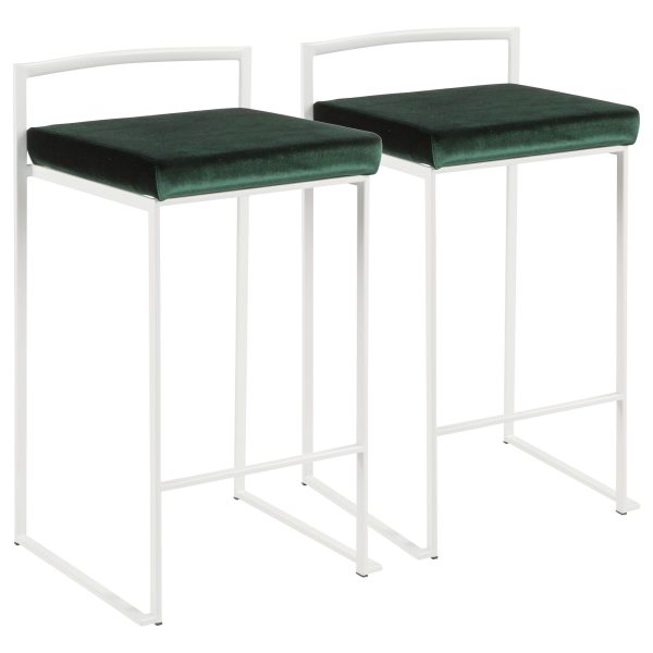 Fuji Contemporary Stackable White Counter Stools with Green Cushion Set of 2 Set of 2 3