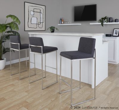 Fuji Contemporary Stainless Steel Charcoal High Back Barstool (Set of 3)
