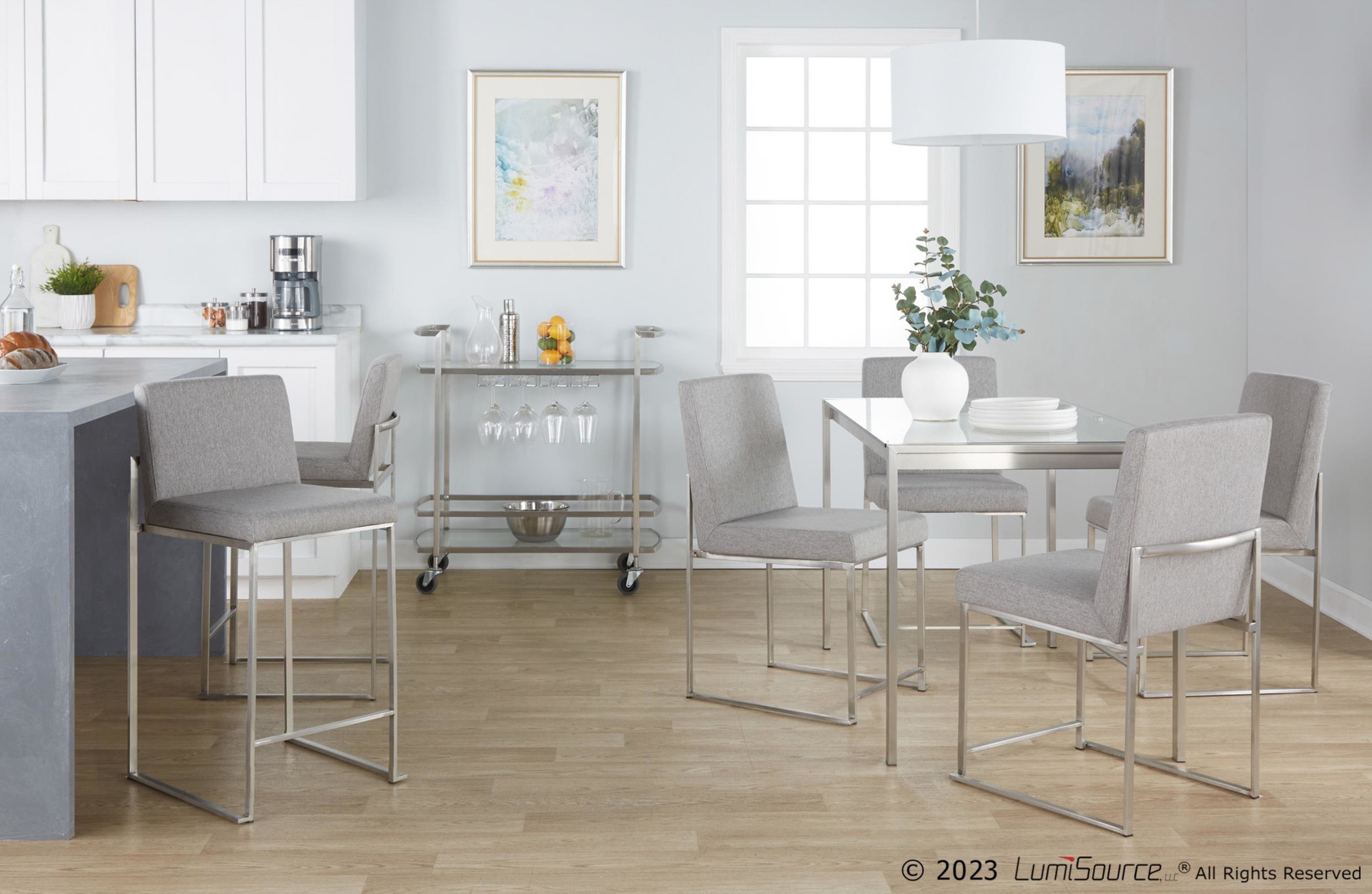 Fuji Contemporary Stainless Steel Grey Fabric Counter Stools (Set of 2) 2 Fuji Contemporary Stainless Steel Grey Fabric Counter Stools (Set of 2) - Image 2