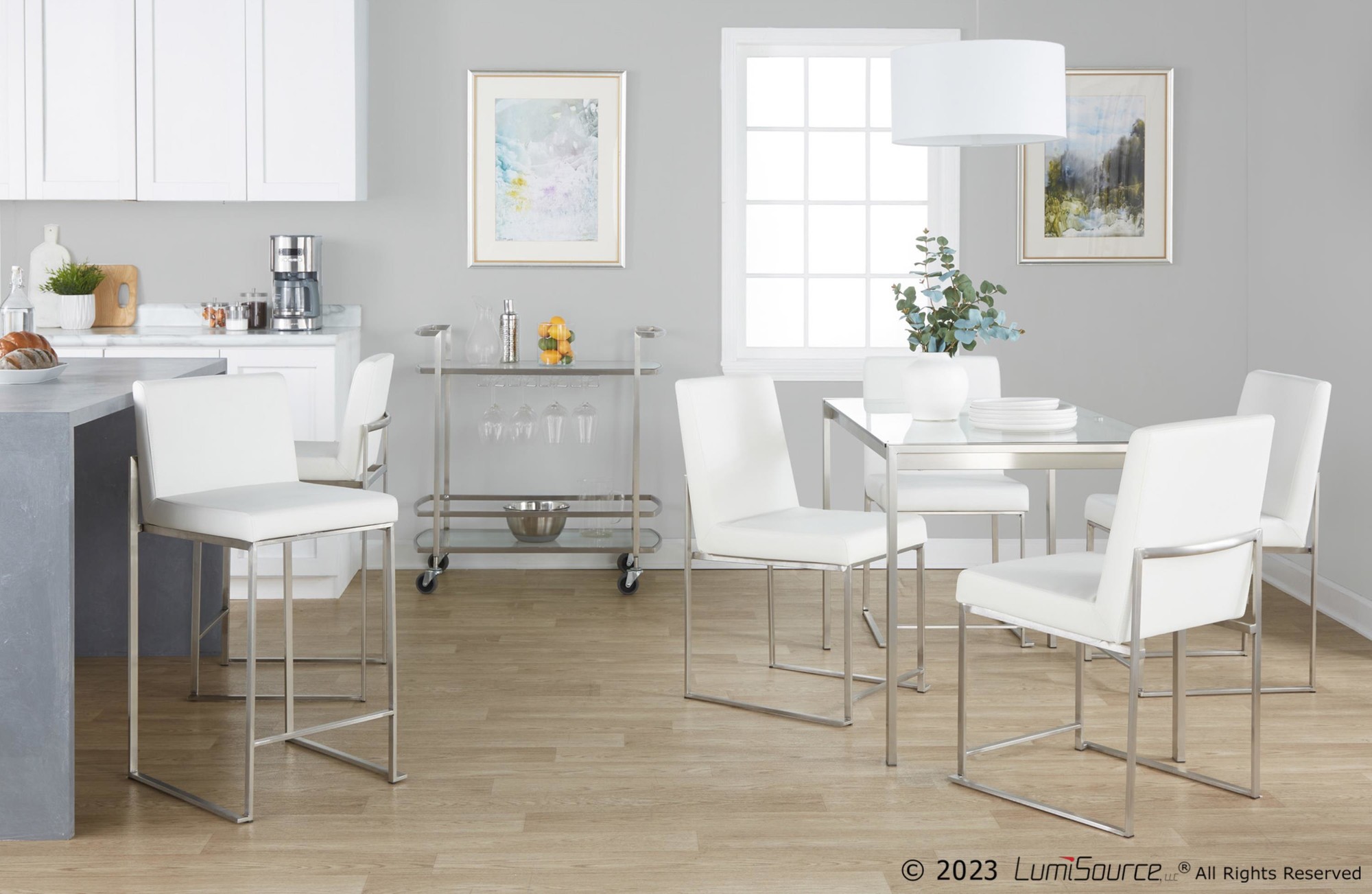 Fuji Contemporary Stainless Steel White Faux Leather Counter Stools (Set of 2) 3 Fuji Contemporary Stainless Steel White Faux Leather Counter Stools (Set of 2) - Image 3