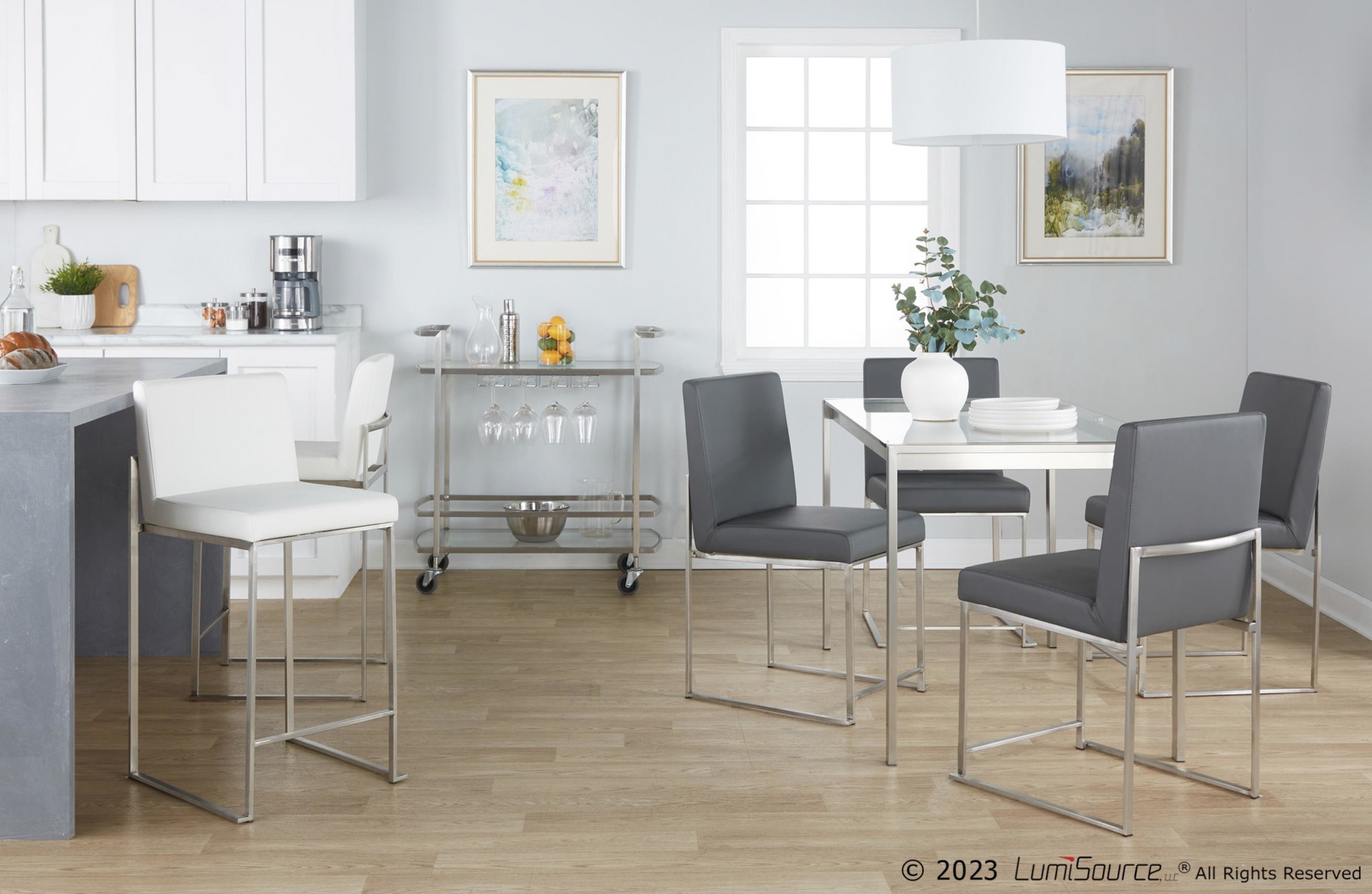 Fuji Contemporary Stainless Steel White Faux Leather Counter Stools (Set of 2) 4 Fuji Contemporary Stainless Steel White Faux Leather Counter Stools (Set of 2) - Image 4