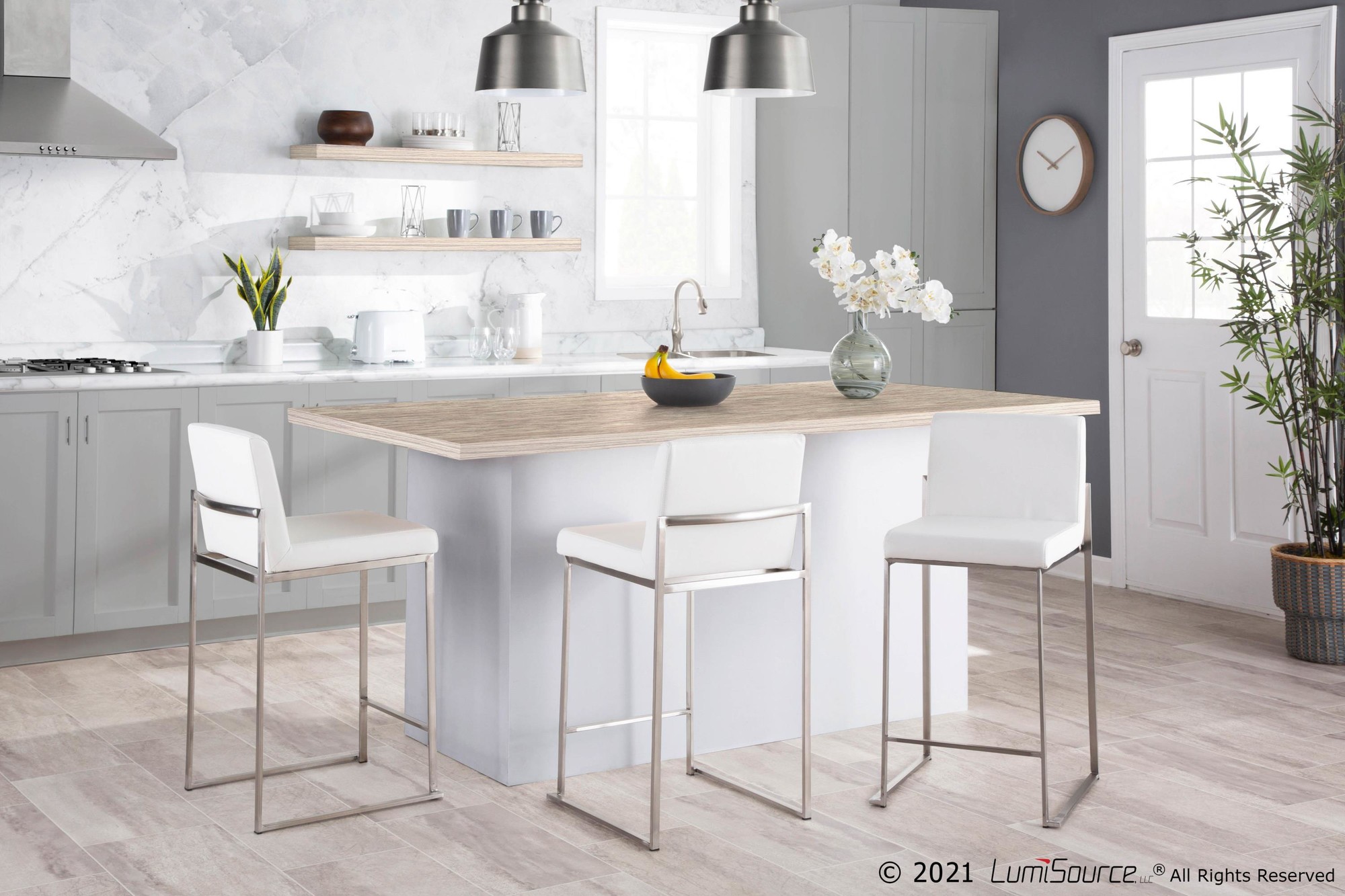 Fuji Contemporary Stainless Steel White Faux Leather Counter Stools (Set of 2) 1 Fuji Contemporary Stainless Steel White Faux Leather Counter Stools (Set of 2)