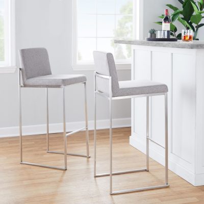 Fuji Contemporary Stainless Steel and Grey Fabric Bar Stools (Set of 2)