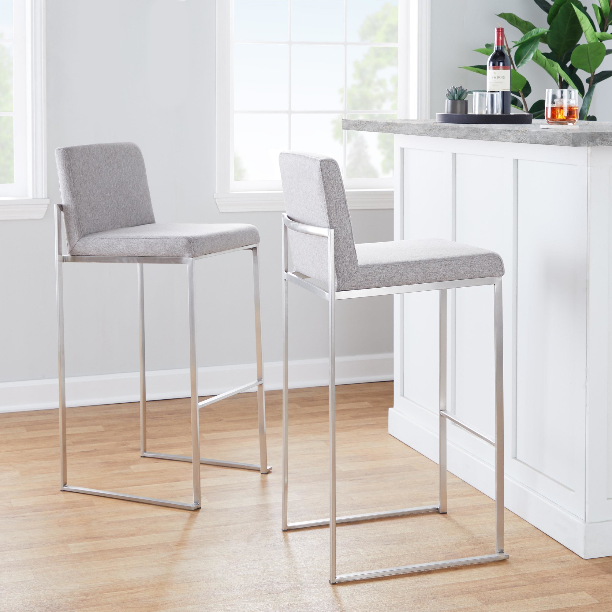 Fuji Contemporary Stainless Steel and Grey Fabric Bar Stools (Set of 2) 1 Fuji Contemporary Stainless Steel and Grey Fabric Bar Stools (Set of 2)