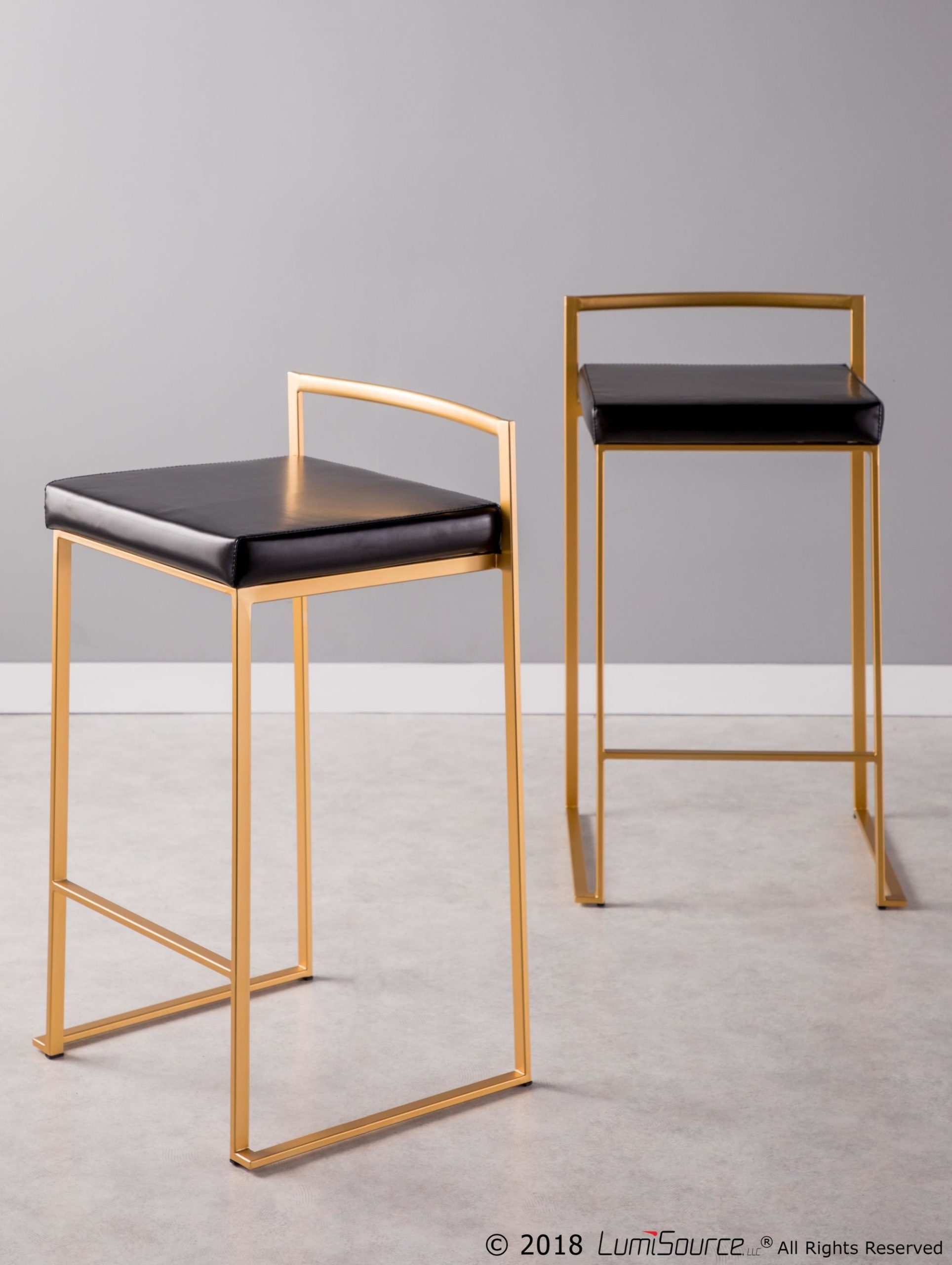 Fuji Gold Black Faux Leather Contemporary Counter Stools (Set of 2) 2 Fuji Gold Black Faux Leather Contemporary Counter Stools (Set of 2) - Image 2