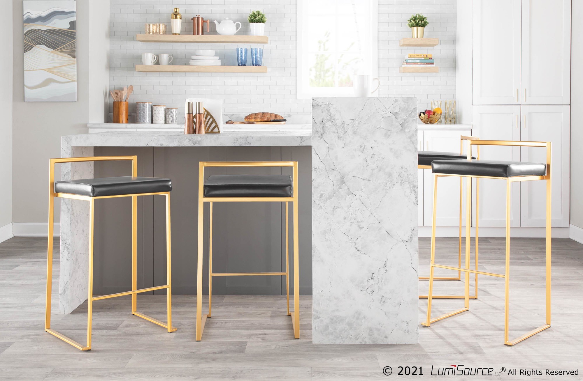 Fuji Gold Black Faux Leather Contemporary Counter Stools (Set of 2) 4 Fuji Gold Black Faux Leather Contemporary Counter Stools (Set of 2) - Image 4