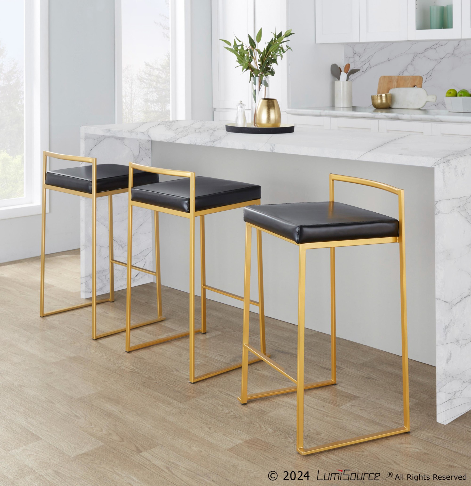 Fuji Gold Black Faux Leather Contemporary Counter Stools (Set of 2) 6 Fuji Gold Black Faux Leather Contemporary Counter Stools (Set of 2) - Image 6