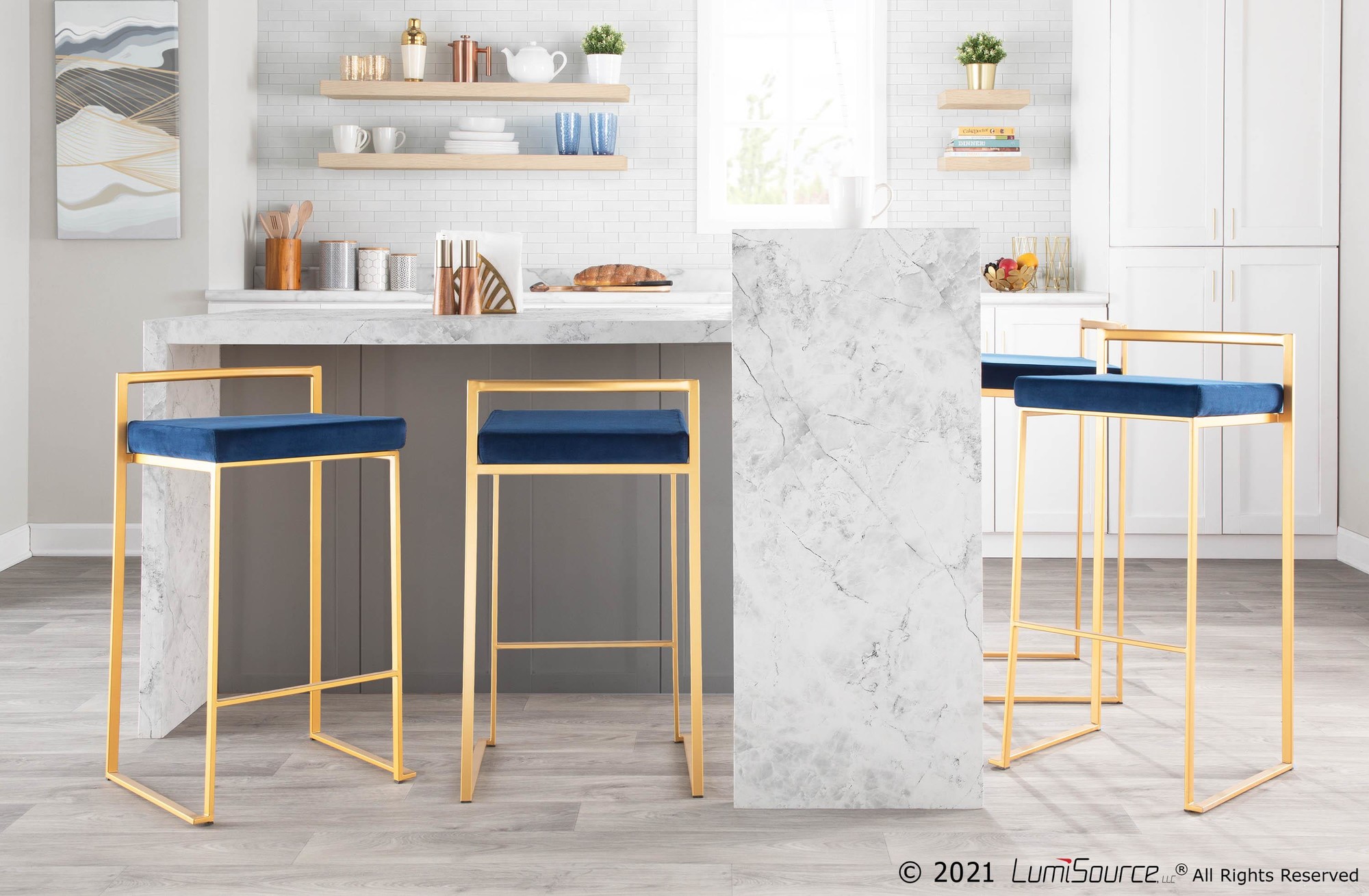 Fuji Gold Blue Velvet Contemporary Glam Barstools 30-Inch (Set of 2) 1 Fuji Gold Blue Velvet Contemporary Glam Barstools 30-Inch (Set of 2)