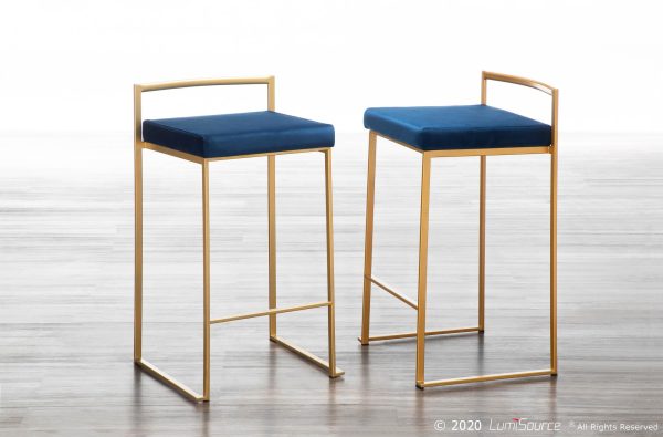 Fuji Gold Blue Velvet Glam Contemporary Counter Stool Set Set of 2 2