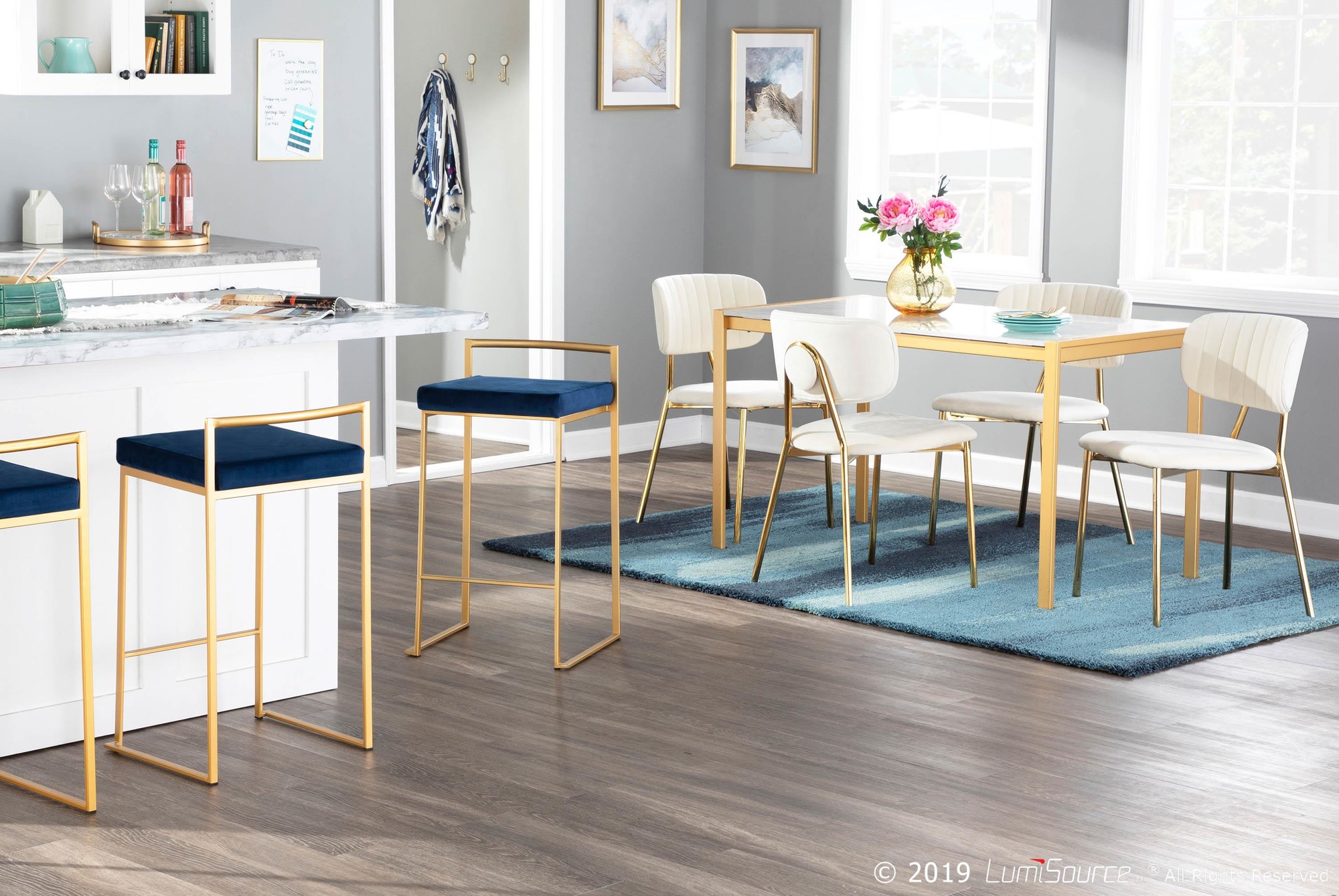 Fuji Gold Blue Velvet Glam Contemporary Counter Stool Set (Set of 2) 4 Fuji Gold Blue Velvet Glam Contemporary Counter Stool Set (Set of 2) - Image 4
