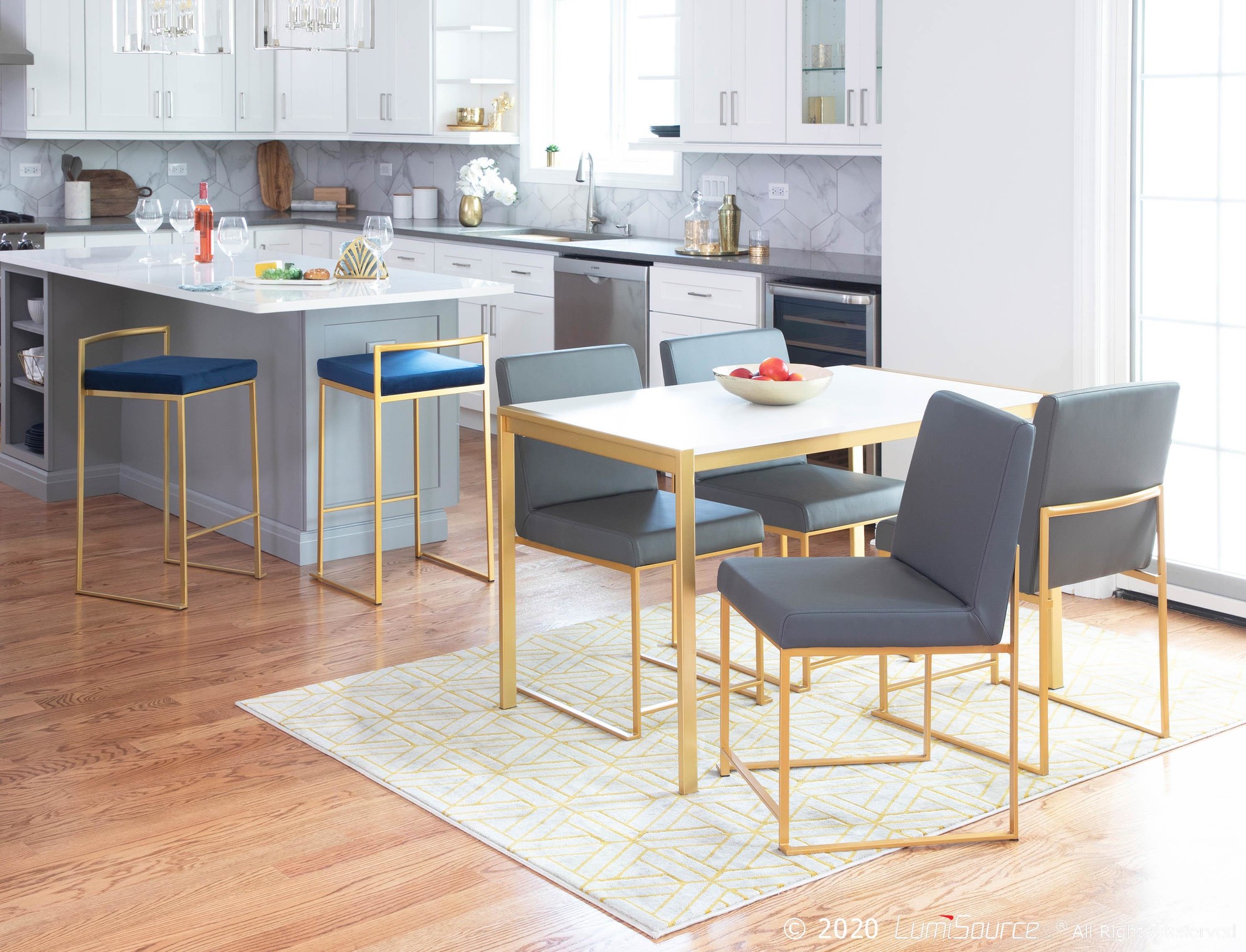 Fuji Gold Blue Velvet Glam Contemporary Counter Stool Set (Set of 2) 5 Fuji Gold Blue Velvet Glam Contemporary Counter Stool Set (Set of 2) - Image 5