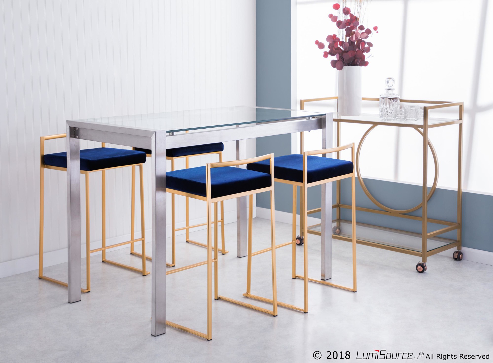 Fuji Gold Blue Velvet Glam Contemporary Counter Stool Set (Set of 2) 6 Fuji Gold Blue Velvet Glam Contemporary Counter Stool Set (Set of 2) - Image 6