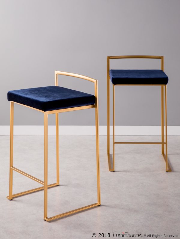 Fuji Gold Blue Velvet Glam Contemporary Counter Stool Set Set of 2 6