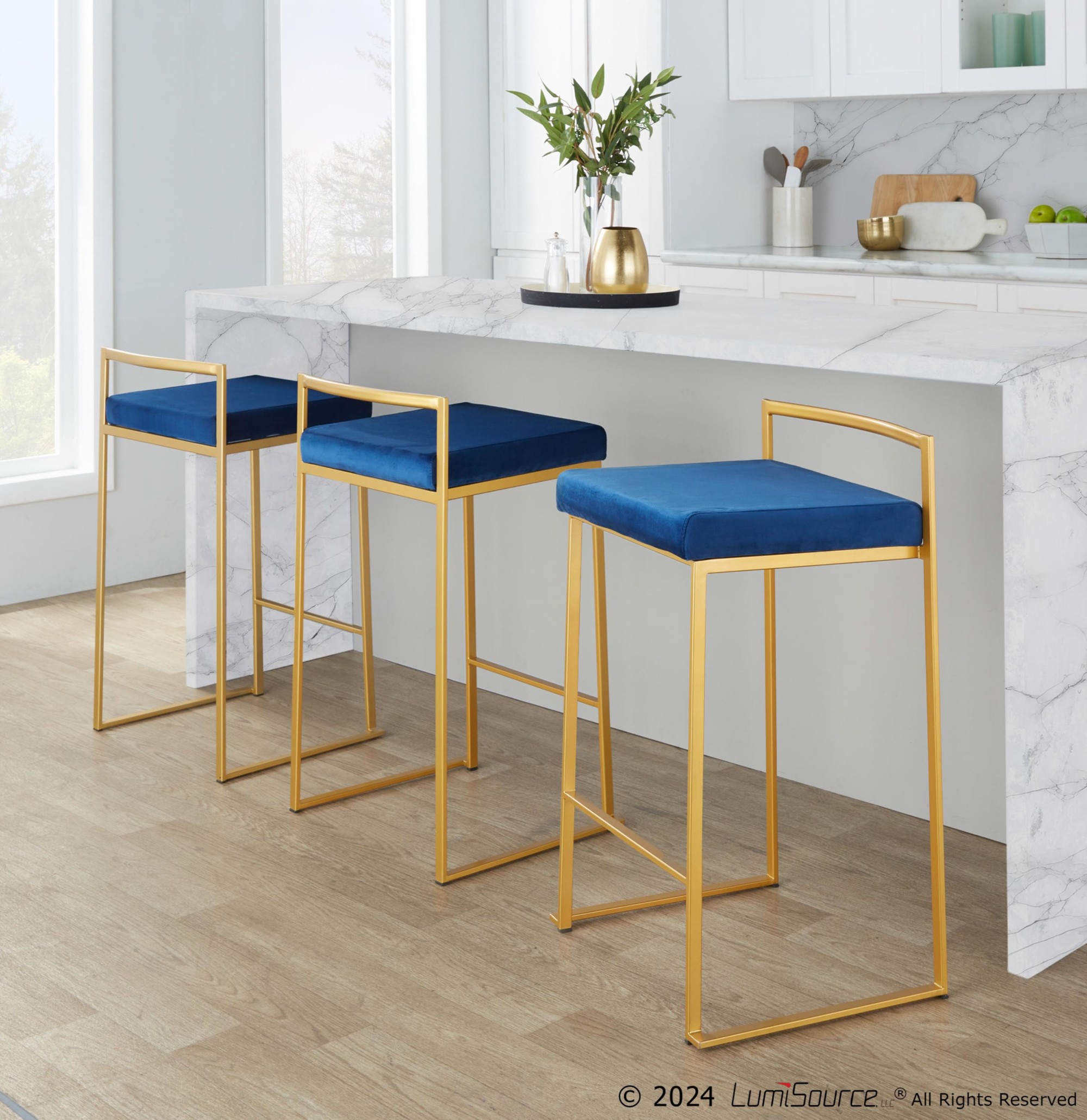 Fuji Gold Blue Velvet Glam Contemporary Counter Stool Set (Set of 2) 8 Fuji Gold Blue Velvet Glam Contemporary Counter Stool Set (Set of 2) - Image 8