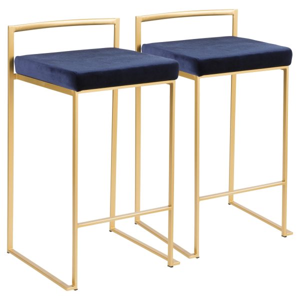Fuji Gold Blue Velvet Glam Contemporary Counter Stool Set Set of 2 8