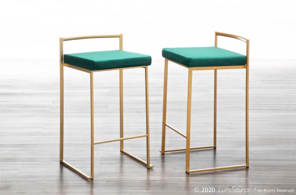 Fuji Gold Green Velvet Contemporary Stackable Counter Stool Set of 2 2