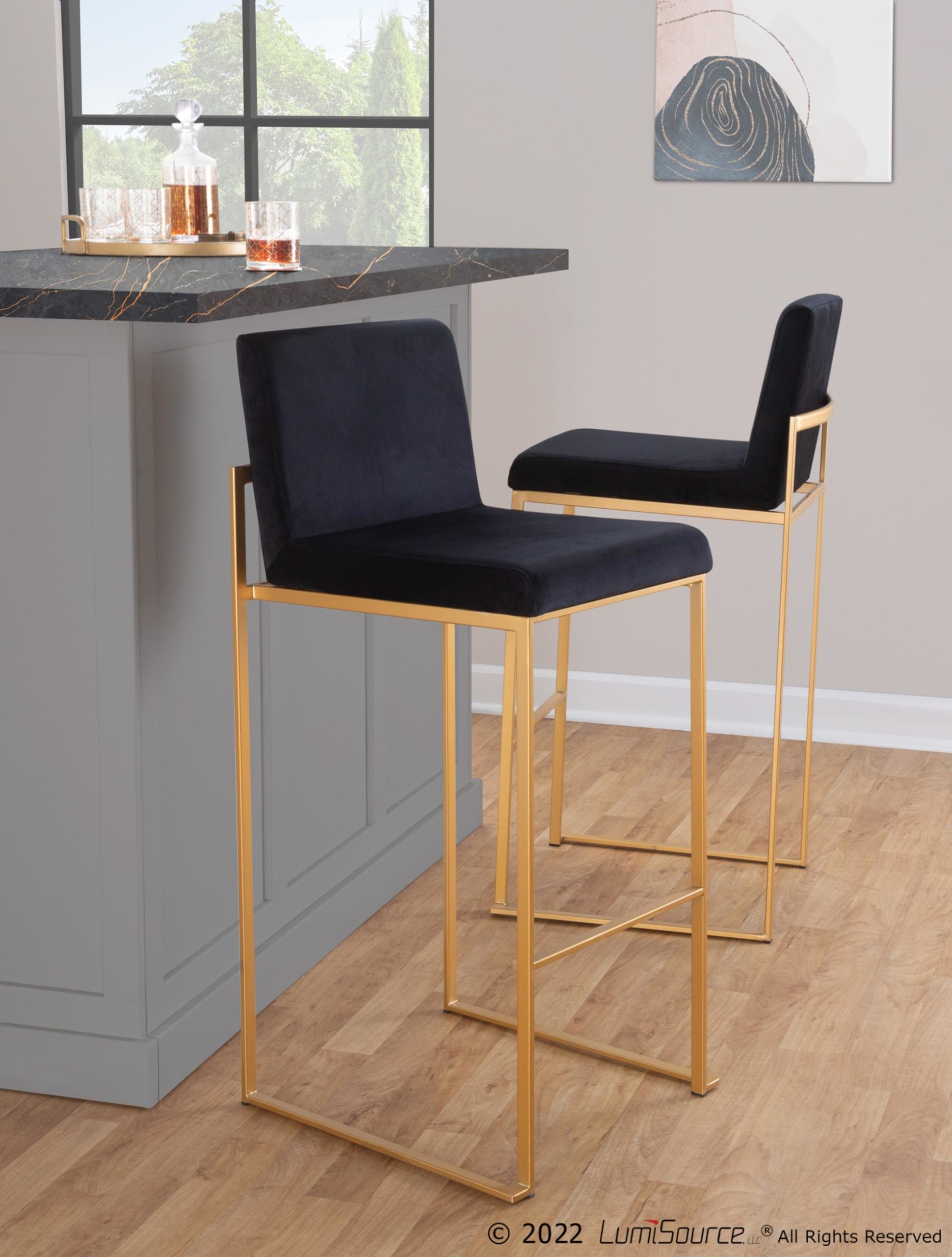 Fuji Gold Steel Black Velvet Contemporary Counter Stool (Set of 2) 3 Fuji Gold Steel Black Velvet Contemporary Counter Stool (Set of 2) - Image 3