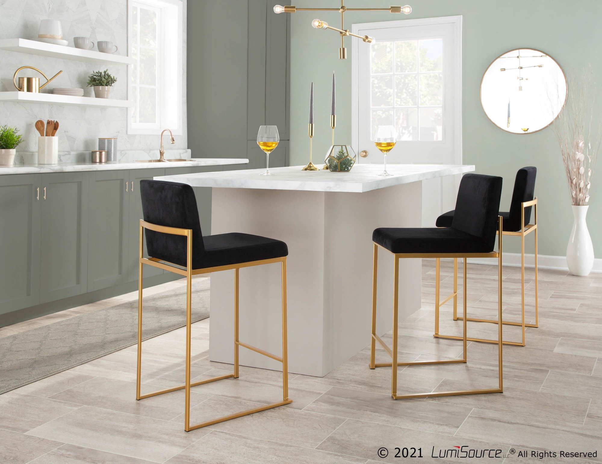 Fuji Gold Steel Black Velvet Contemporary Counter Stool (Set of 2) 1 Fuji Gold Steel Black Velvet Contemporary Counter Stool (Set of 2)