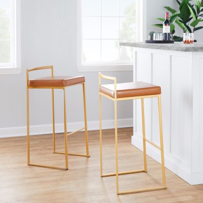 Fuji Gold Steel Camel Faux Leather Contemporary Barstools (Set of 2)