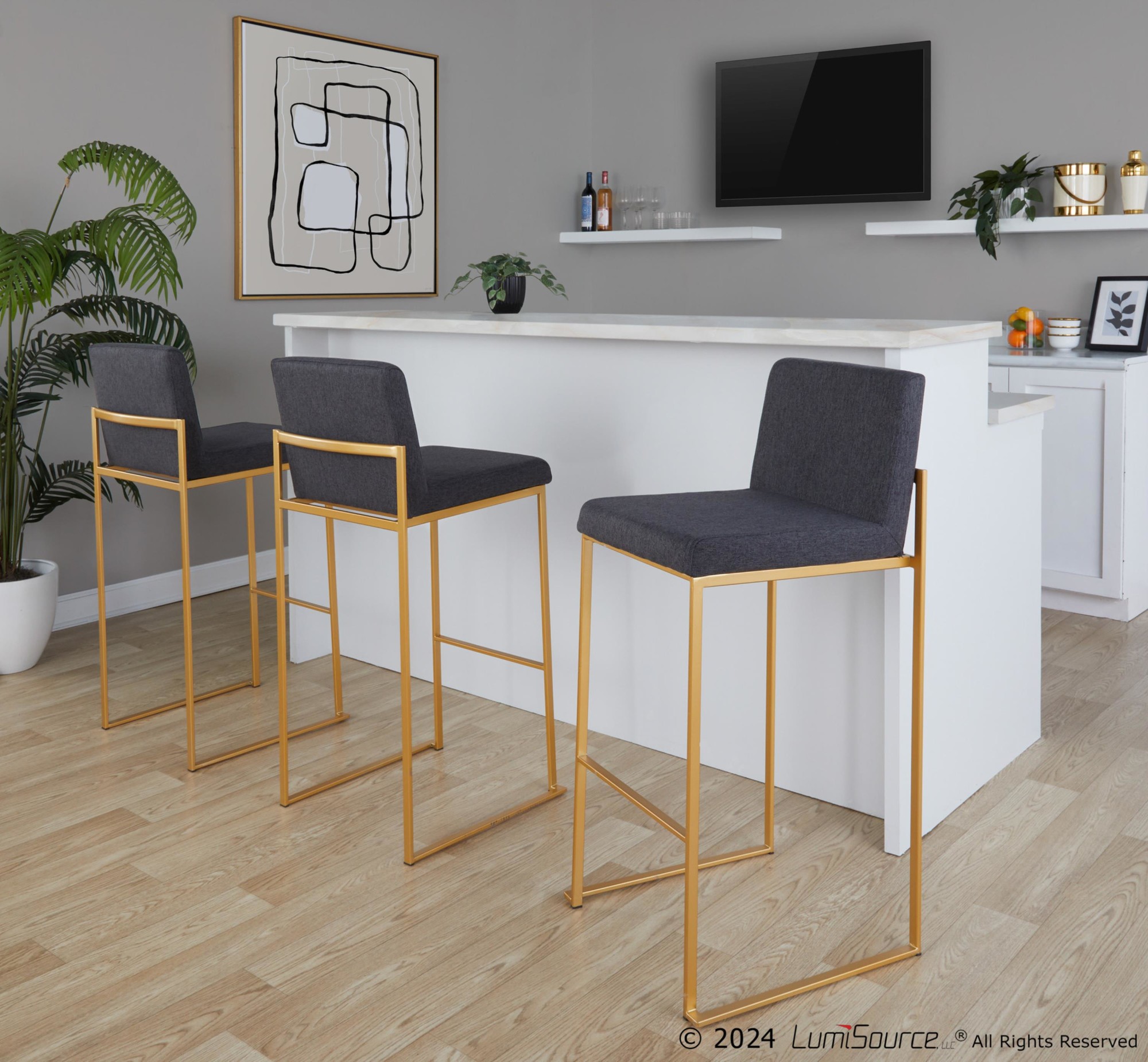 Fuji Gold Steel Charcoal Contemporary High Back Barstool (Set of 3) 2 Fuji Gold Steel Charcoal Contemporary High Back Barstool (Set of 3) - Image 2