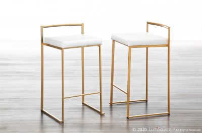 Fuji Gold and White Faux Leather Contemporary Counter Stools (Set of 2)
