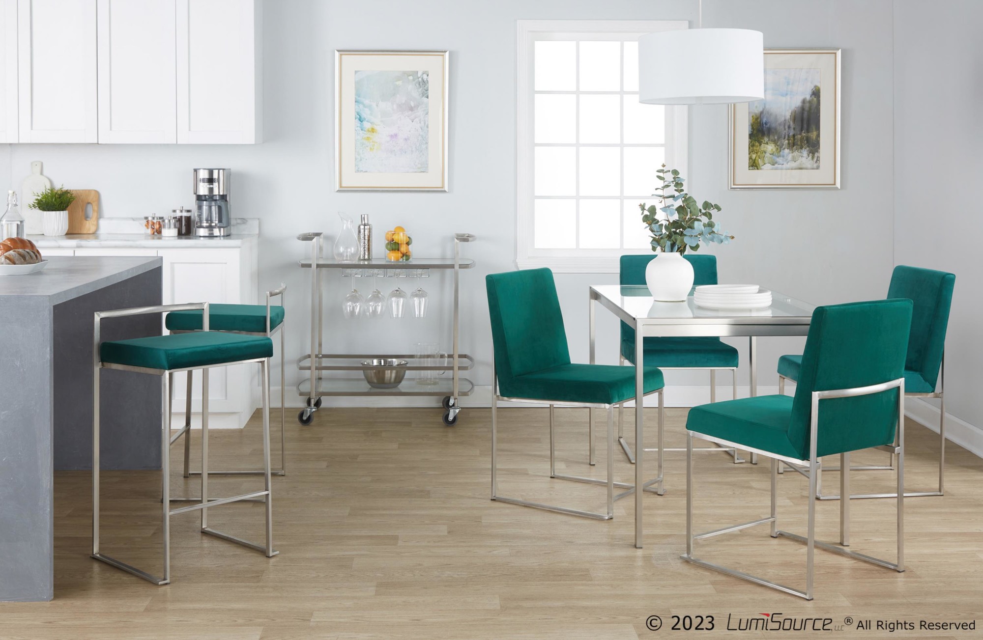 Fuji Green Velvet Stainless Steel Contemporary Dining Chairs (Set of 2) 3 Fuji Green Velvet Stainless Steel Contemporary Dining Chairs (Set of 2) - Image 3