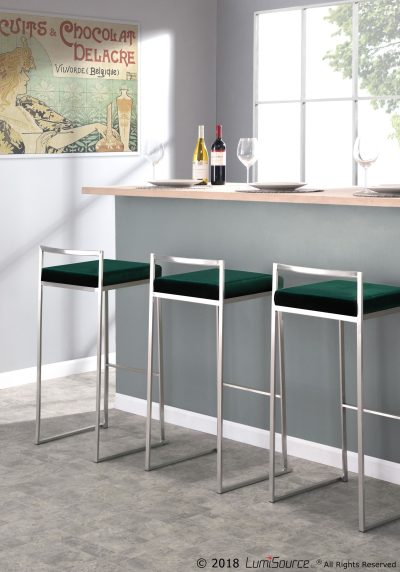 Fuji Green Velvet Stainless Steel Contemporary Stackable Barstool (Set of 2)
