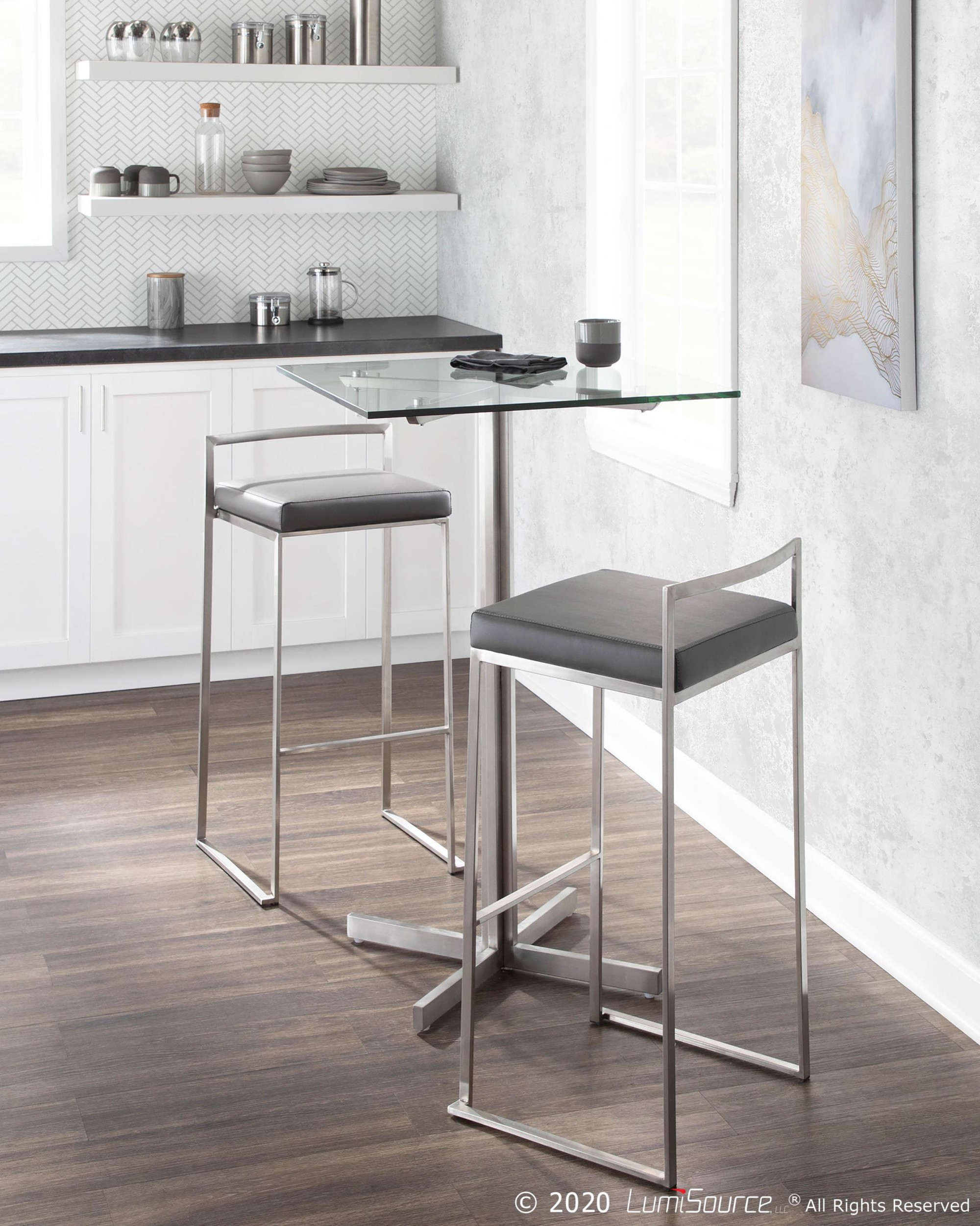 Fuji Grey Faux Leather Contemporary Stainless Steel Barstools (Set of 2) 2 Fuji Grey Faux Leather Contemporary Stainless Steel Barstools (Set of 2) - Image 2