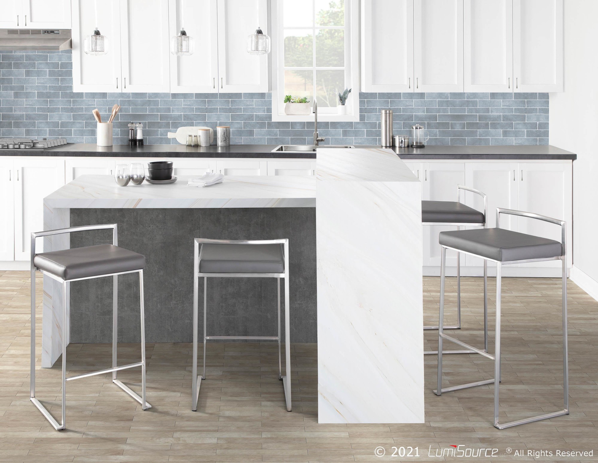 Fuji Grey Faux Leather Contemporary Stainless Steel Barstools (Set of 2) 3 Fuji Grey Faux Leather Contemporary Stainless Steel Barstools (Set of 2) - Image 3