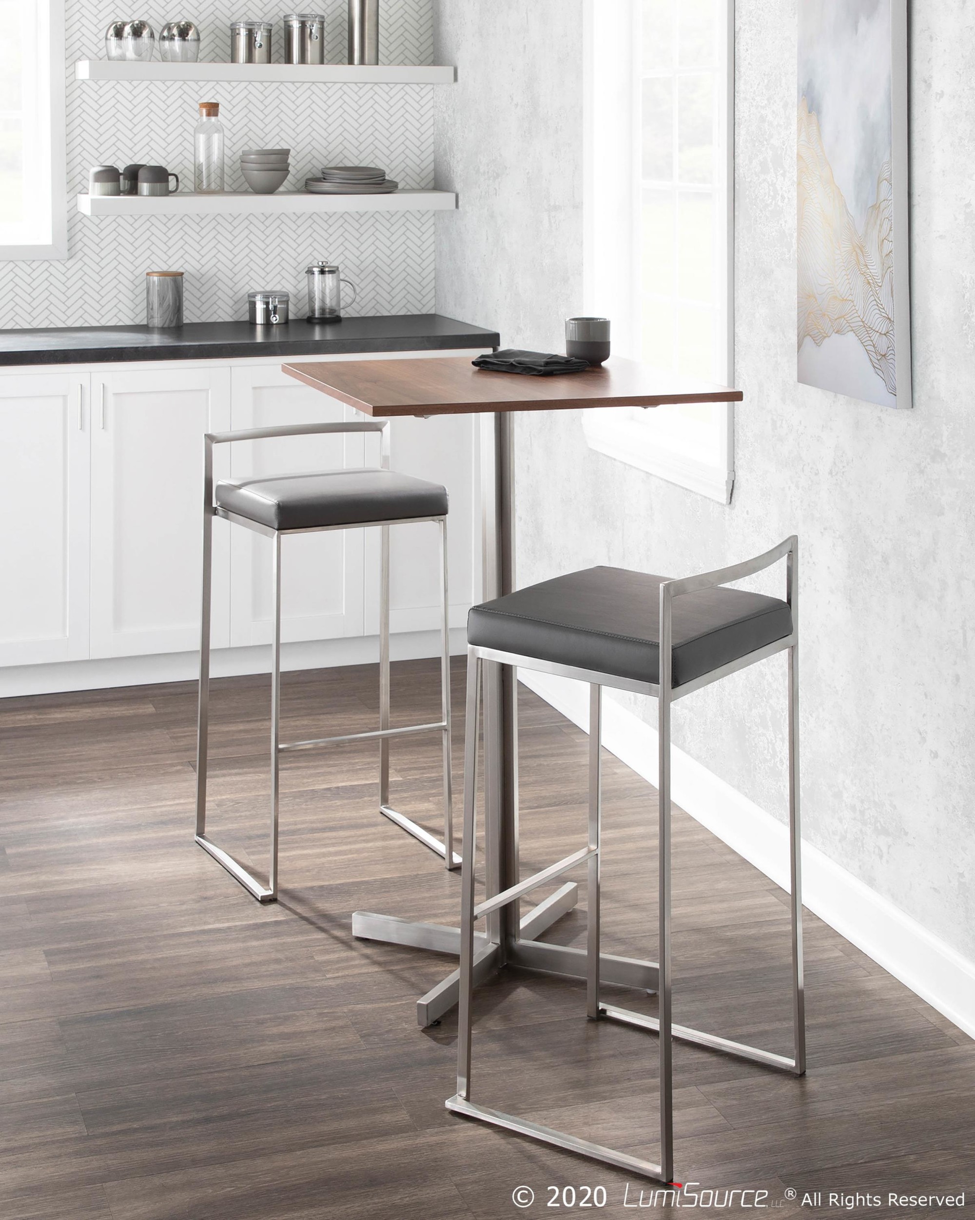 Fuji Grey Faux Leather Contemporary Stainless Steel Barstools (Set of 2) 1 Fuji Grey Faux Leather Contemporary Stainless Steel Barstools (Set of 2)