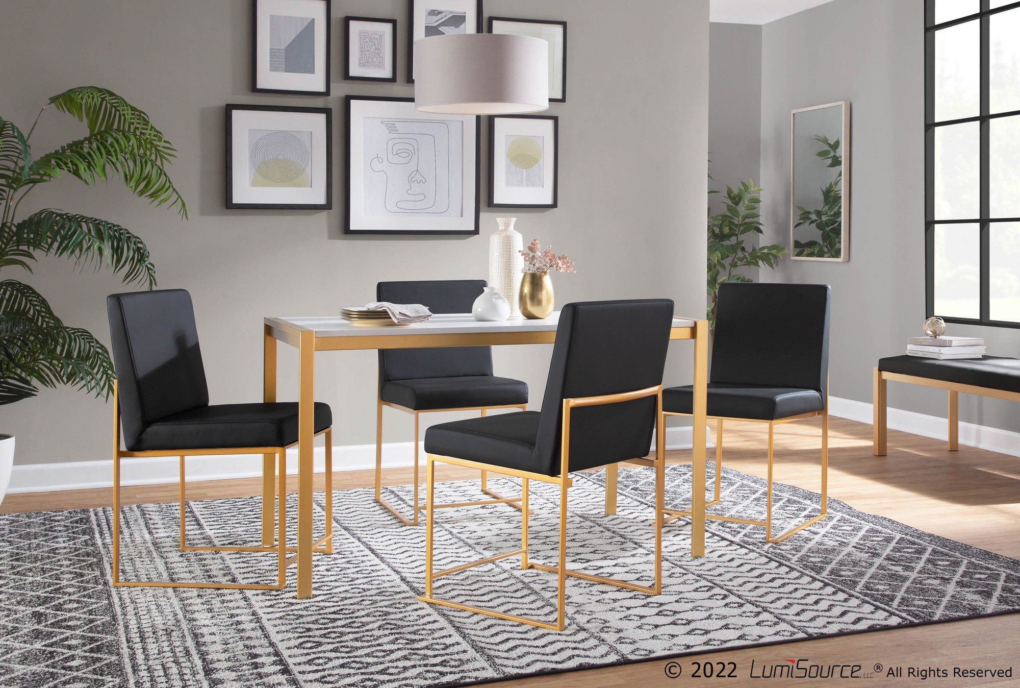 Fuji High Back Black Faux Leather Gold Contemporary Dining Chairs (Set of 2) 1 Fuji High Back Black Faux Leather Gold Contemporary Dining Chairs (Set of 2)