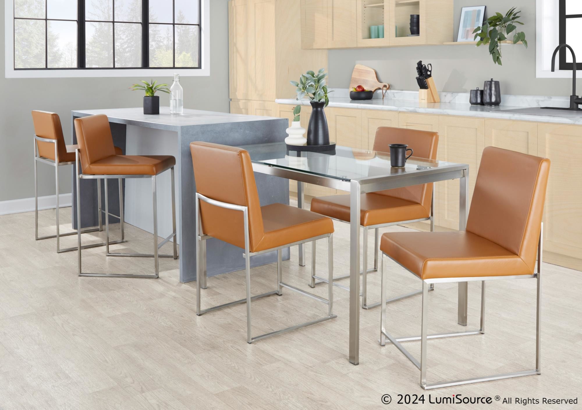Fuji High Back Contemporary Camel Dining Chairs Brushed Steel (Set of 2) 2 Fuji High Back Contemporary Camel Dining Chairs Brushed Steel (Set of 2) - Image 2