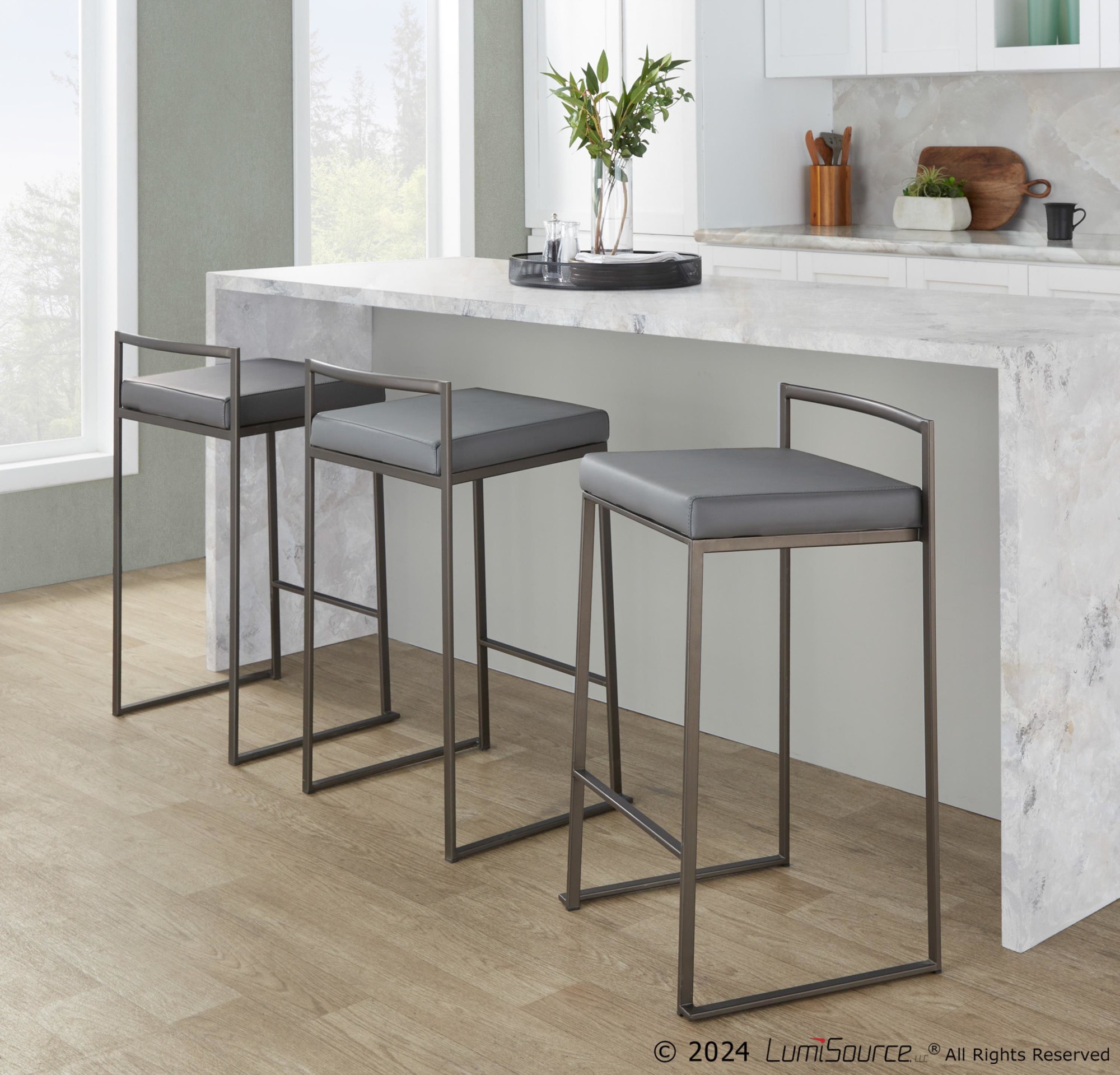 Fuji Industrial Antique Grey Faux Leather Counter Stools (Set of 2) 2 Fuji Industrial Antique Grey Faux Leather Counter Stools (Set of 2) - Image 2